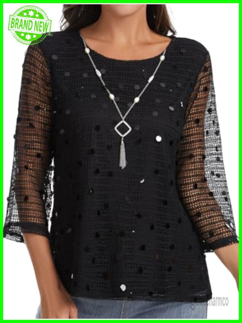 Crochet Knit Top 3/4 Bell Sleeve Loose Fit Crewneck Pullover Summer